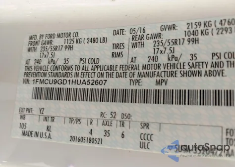 2017 Ford Escape Se z USA, uszkodzony, nr VIN 1FMCU9GD1HUA52607